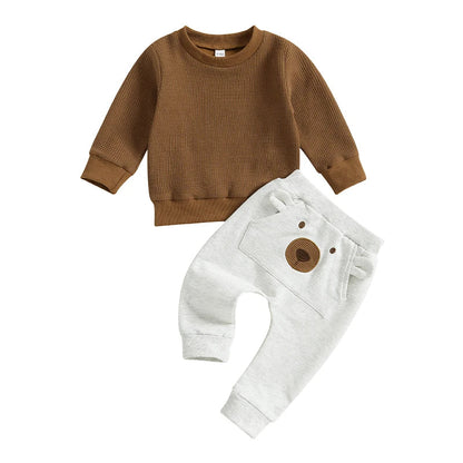 Long Sleeve Waffle Bear Pants Baby Set